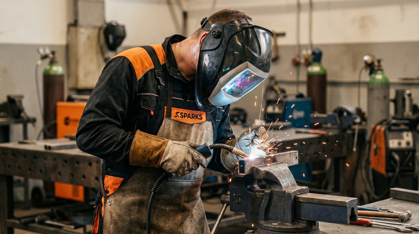 Soldador certificado ISO 9606 ejecutando soldadura MIG/MAG en una estructura industrial — Sparks Service España